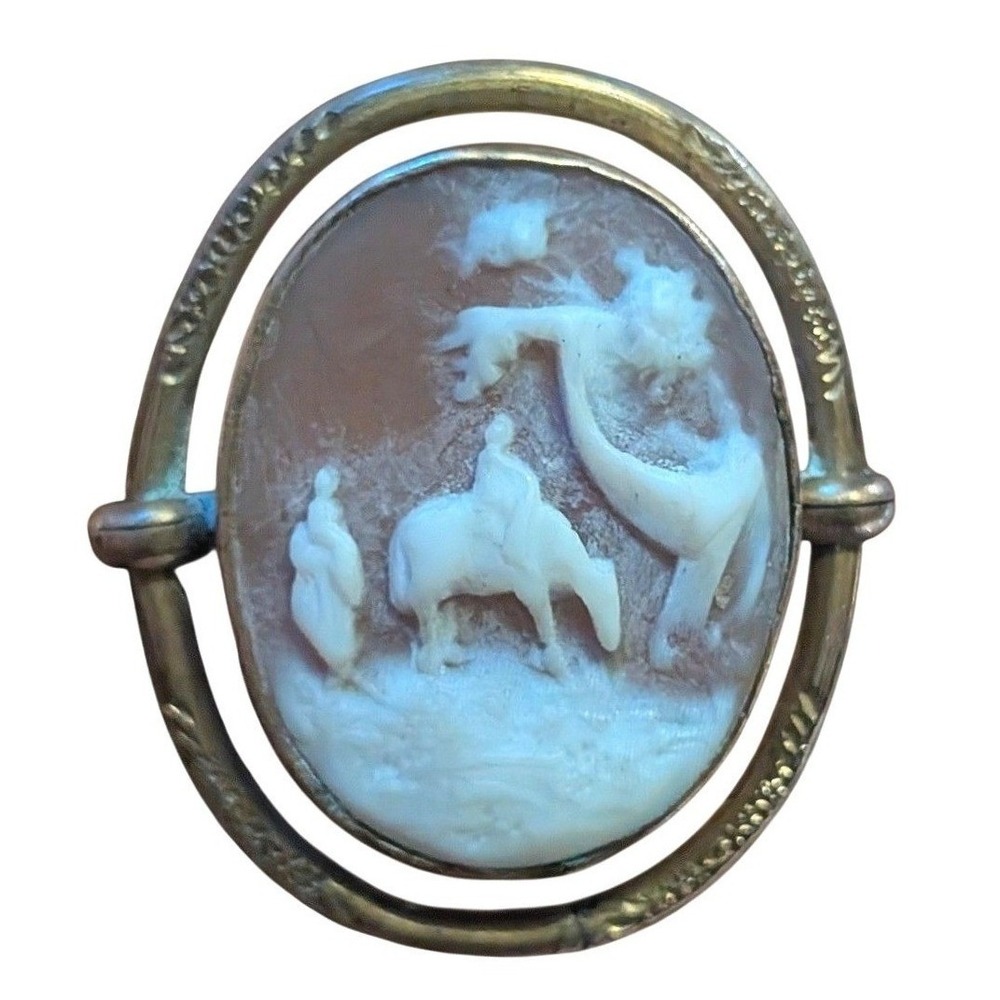 Antique 10K Gold Hand Carved Shell Gold Cameo Rotating Landscape Brooch‎ Pin